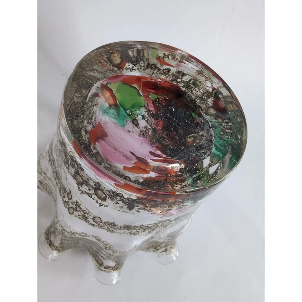 Vtg Zorza Art Glass Vase Crimped Hand Blown Poland Gold Confetti Ribbon